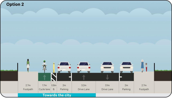 Image showing a street with  shared traffic lane towards Adelaide Road, separated bike lane towards the city, and parking on both sides.