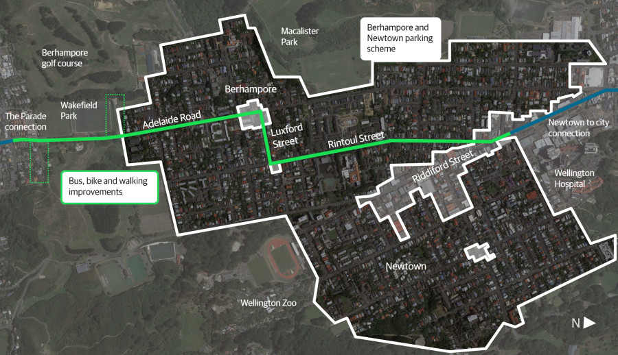 Aerial map of Berhampore and Newtown with a surrounding line indicating the project area. There is a line cutting through horizontally showing the route of the cycleway.