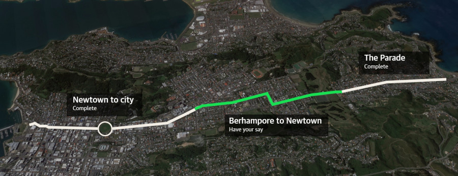 Aerial image of Newtown, Berhampore, and Island Bay showing how the Berhampore to Newtown cycleway connects with other routes.