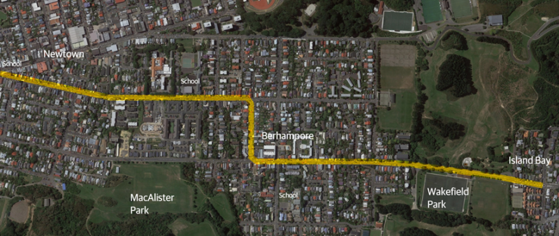 Map outlines the route connecting from Island Bay along Adelaide Road to Luxford Street, then along Rintoul Street to Riddiford Street.
