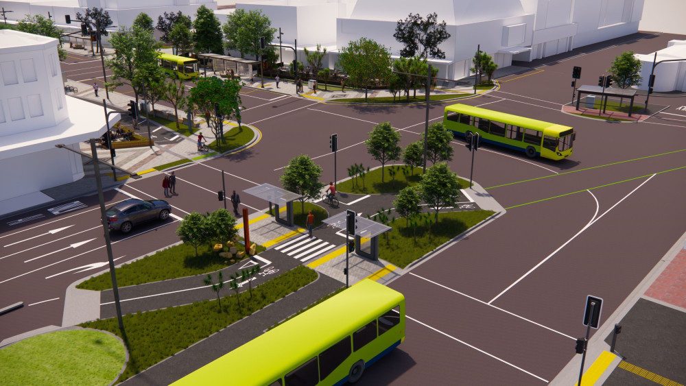 Image shows and artist's impression of the changes to the pedestrian crossing on Cambridge and Kent Terraces. The image shows the pedestrian crossing moving south to align with the buildings on Courtenay Place. It intersects with a cycleway where there is a pedestrian crossing showing pedestrian priority. 
