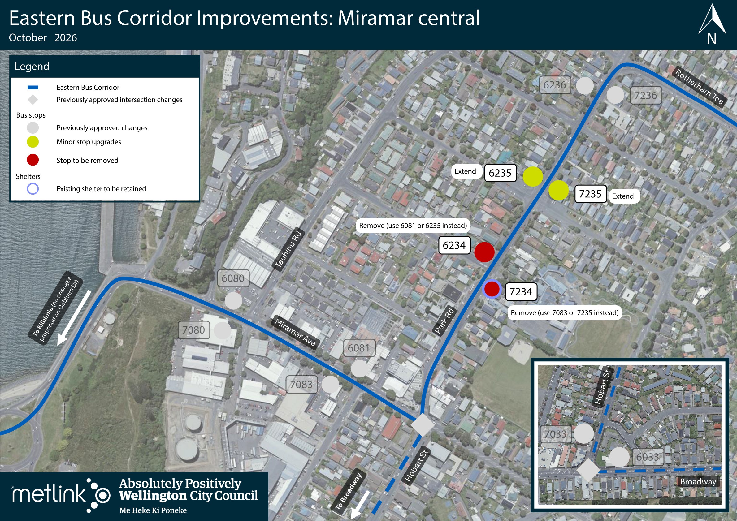 Map of proposed Eastern Bus Corridor bus stop changes in central Miramar along Park Road. Stops 6235 and 7235 near Brussels Street would remain and be extended. Stops 6234 and 7234 near Byron Street and Miramar Central School would be removed. An inset map shows the Hobart Street and Broadway area with previously approved intersection changes. Proposed changes respond to community feedback and form part of wider bus corridor improvements.