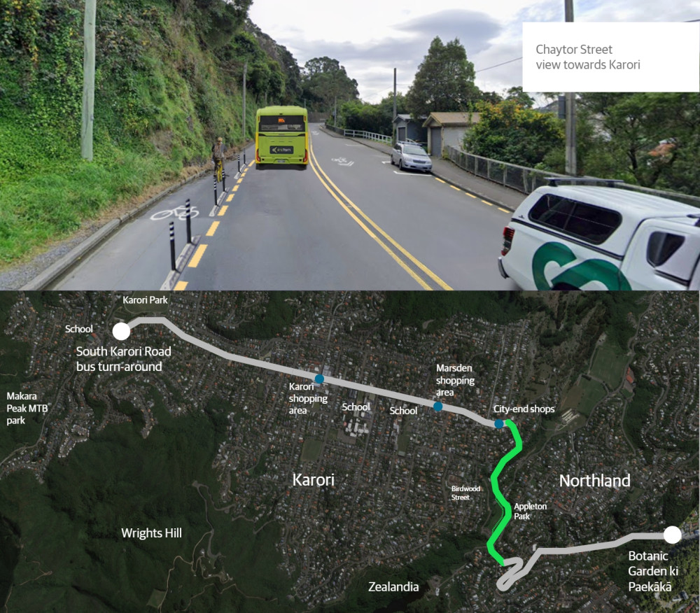 Top image shows a Chaytor street with a separated cycleway, a bus and cars in the traffic lanes. Bottom image shows the cycle route with the Appleton Park to the city route highlighted.