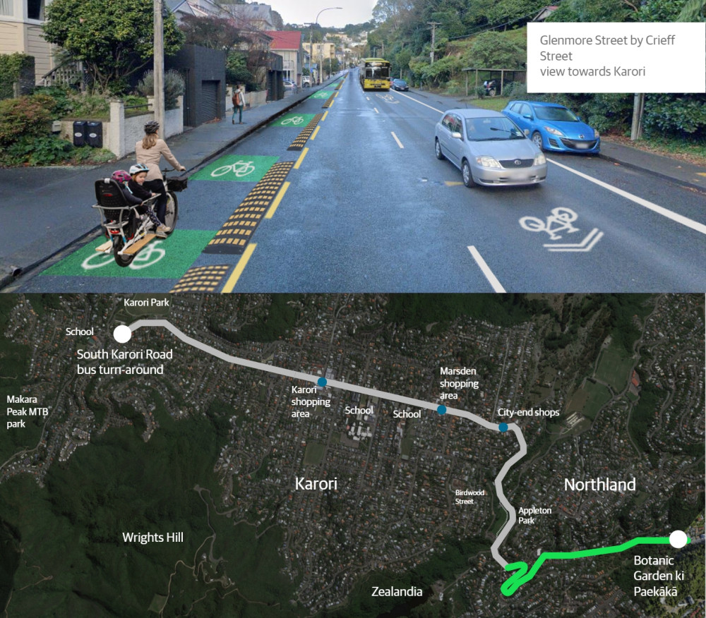 Top image shows Glenmore Street with a separated cyclelane and a bus on the other side. Bottom image show a map of the cycle route with the Botanic Gardens road highlighted.