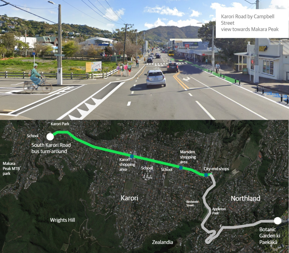 Top image shows Karori Road with a raised pedestrian crossing on the left and a separated cycleway on the right. Bottom image shows an aerial map of the cycle route through Karori with the route from the city to South Karori Road highlighted.