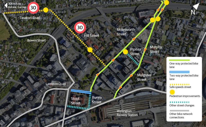 A map shows the changes planned in Thorndon using coloured lines on the streets. It shows safer speeds on Tinakori Road and Hill Street, one way bike lanes on Molesworth, Murphy and Mulgrave streets, a short section of two-way bike lane on the upper part of Lambton Quay, and other street changes are indicated for Pipitea, Stout, and Bunny streets